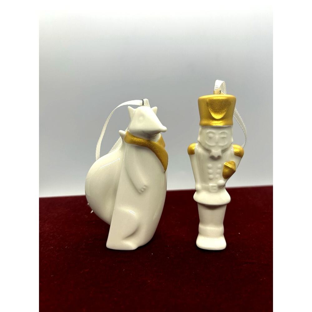 Vintage STARBUCKS Christmas Tree Ornaments Fox And Nutcracker Porcelain 2012